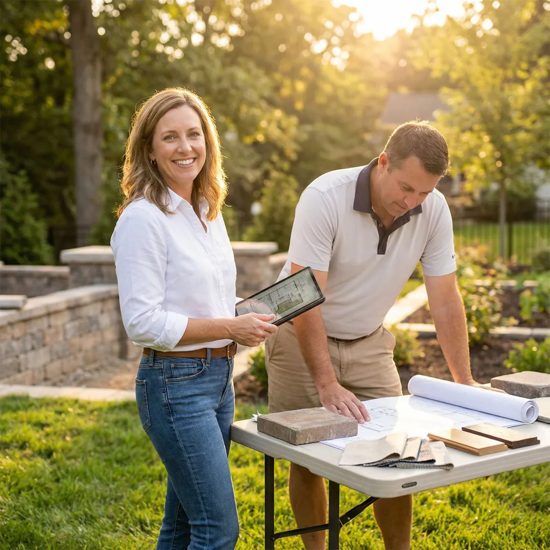 Landscape contractor reviewing design plans with homeowner outdoors