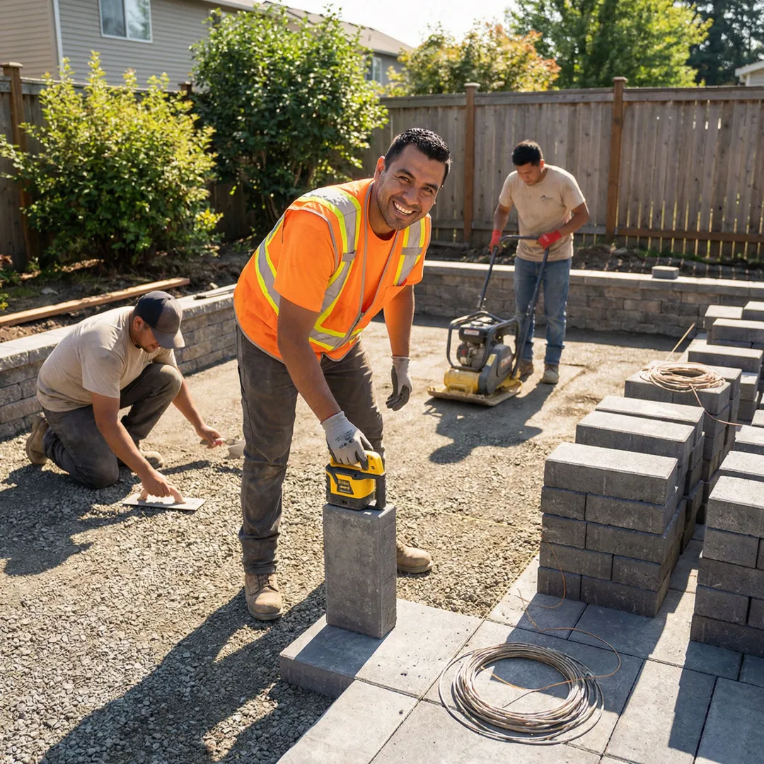 Professional team installing interlocking patio pavers with precision tools
