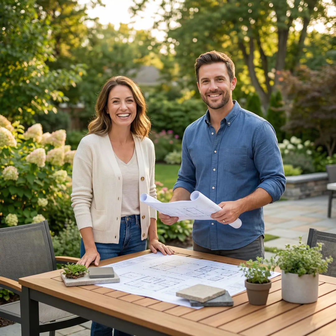 Professional landscape consultant reviewing outdoor space plans with homeowner
