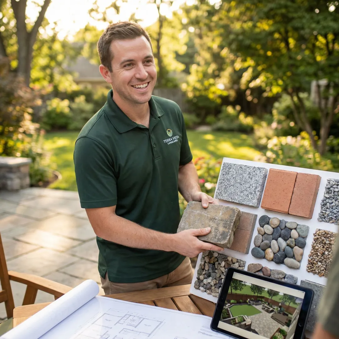 Landscape consultant showing material samples and design plans to clients