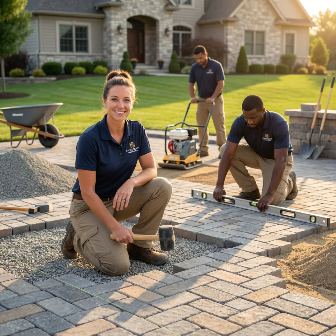 Professional hardscape crew installing cobblestone pavers with proper base preparation
