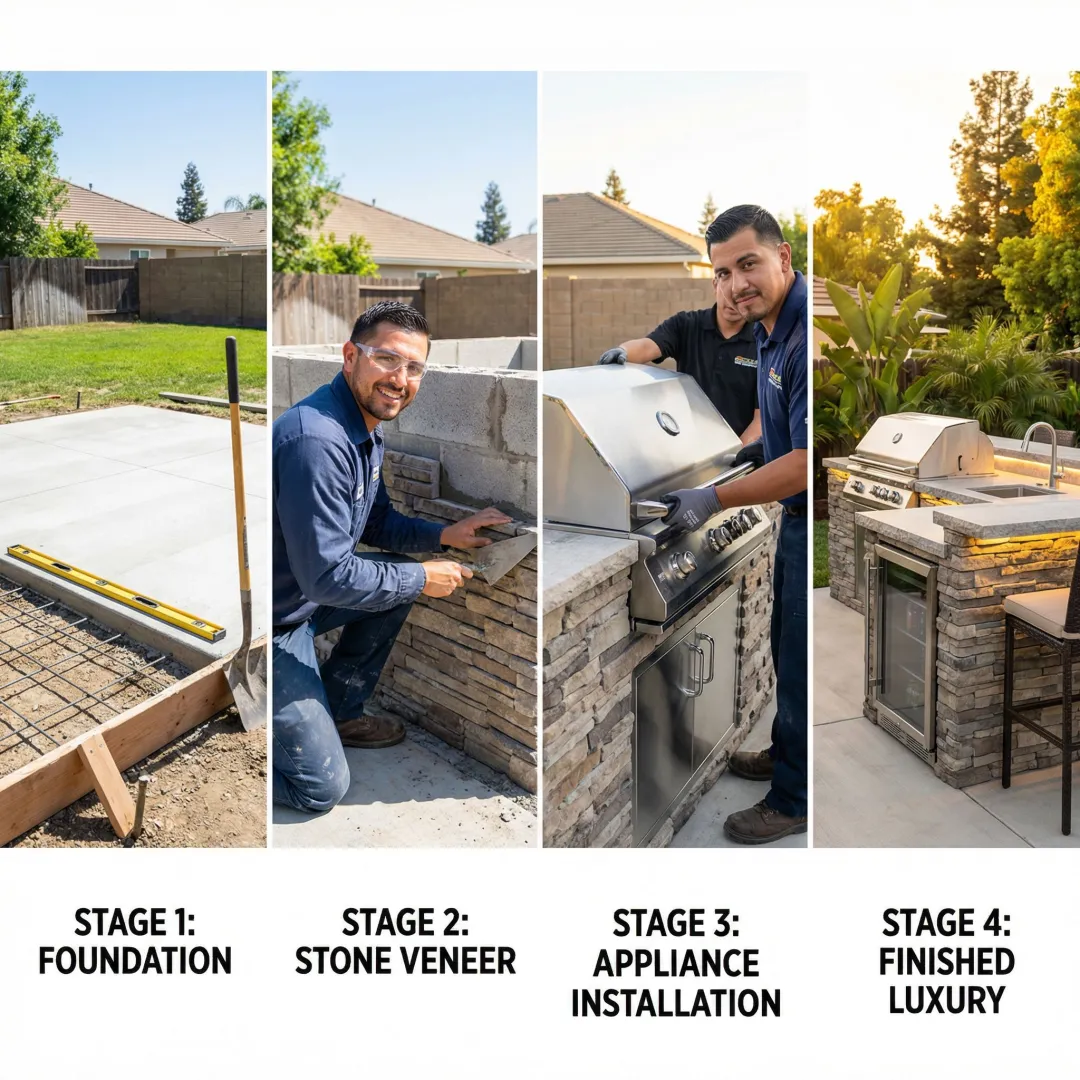 Outdoor kitchen construction process showing hardscape foundation and installation