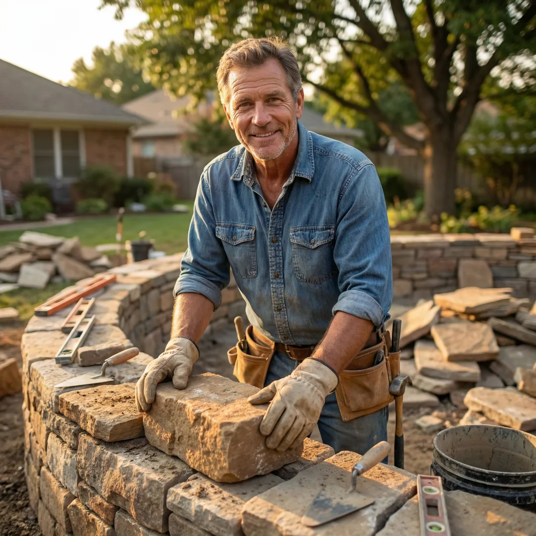 Skilled craftsman installing premium stone retaining wall
