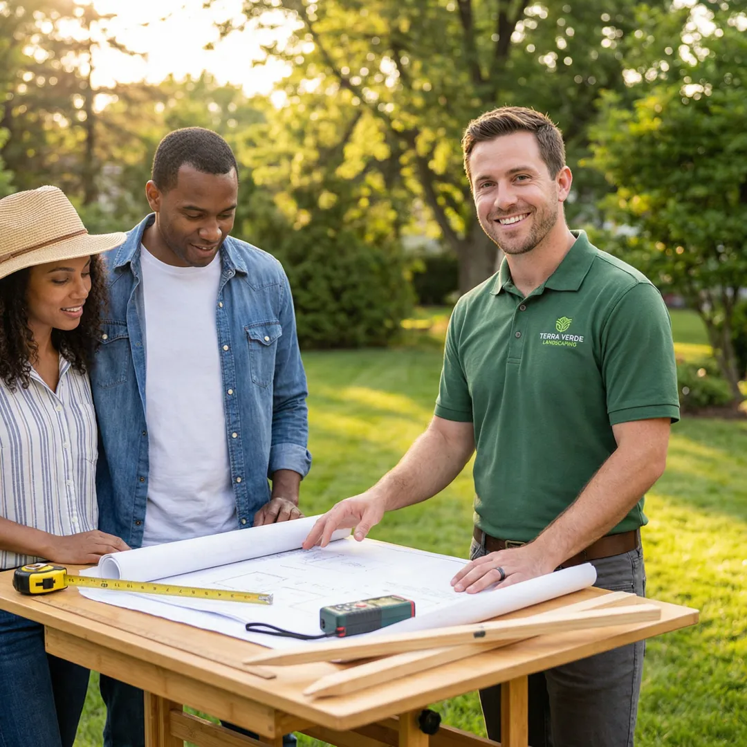 Landscape designer reviewing plans with homeowner at outdoor project site