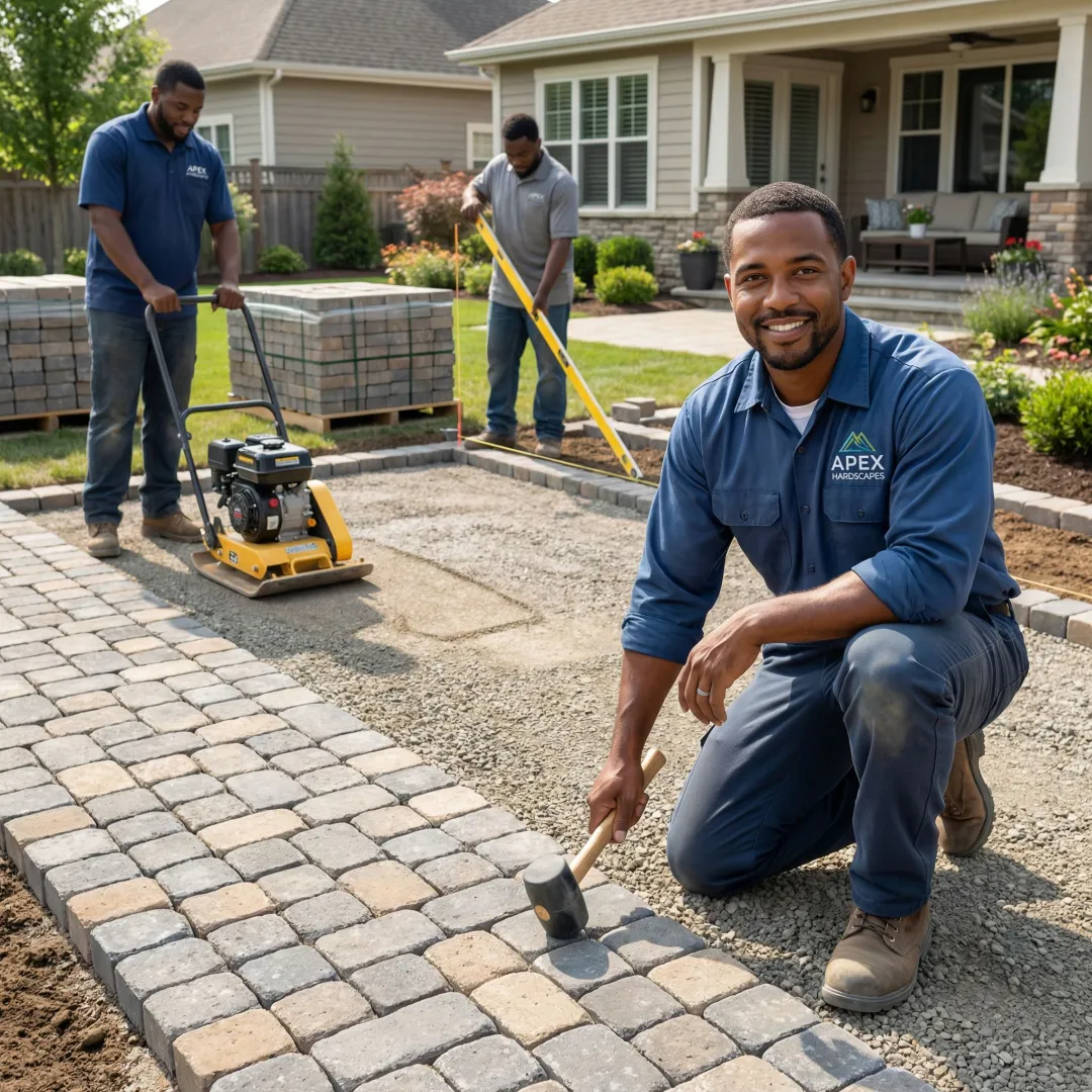 Professional hardscape contractors installing cobblestone pavers with proper base preparation