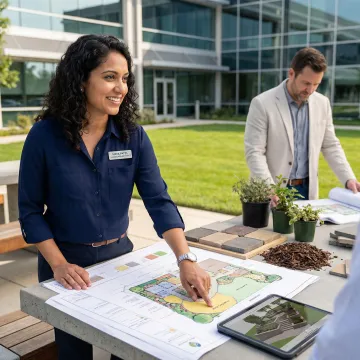 Commercial landscape designer consulting with business owner reviewing enhancement plans
