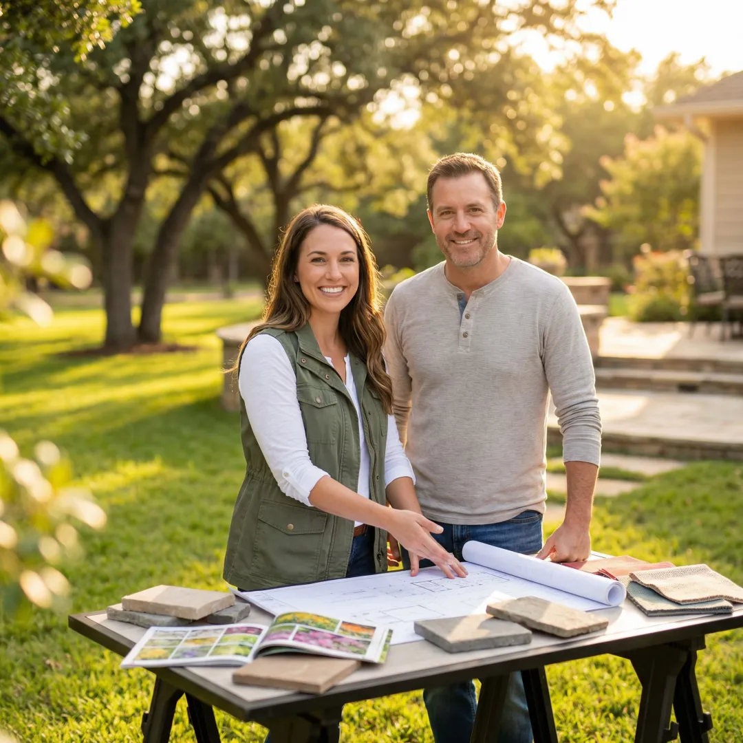 Landscape designer reviewing garden renovation plans with homeowner