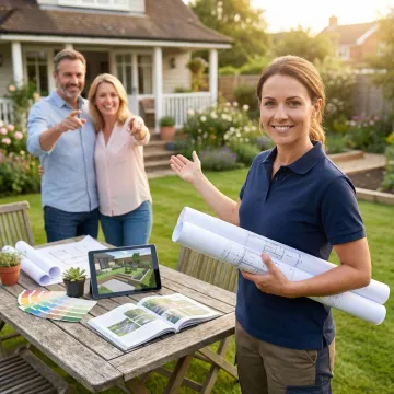 Landscape designer consulting with homeowner about custom garden renovation plans