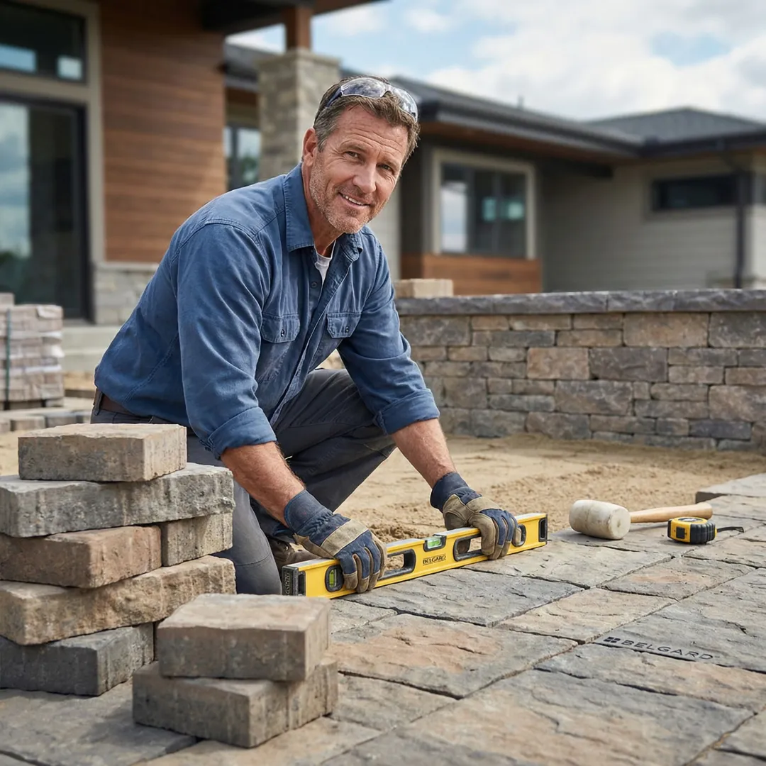 Skilled craftsman installing premium stone retaining wall with precision tools and materials