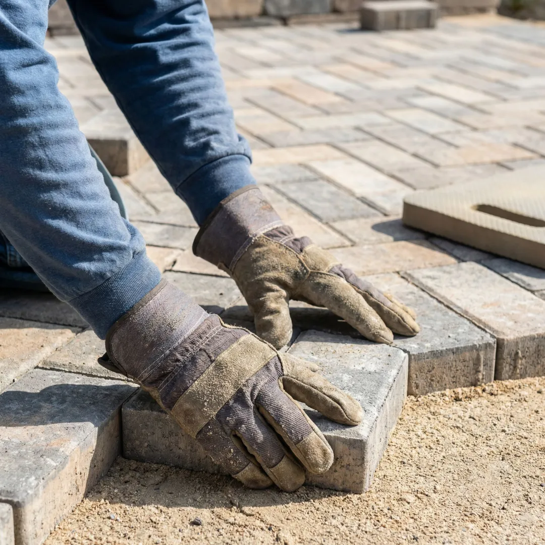 Skilled hardscape contractor installing premium interlocking pavers