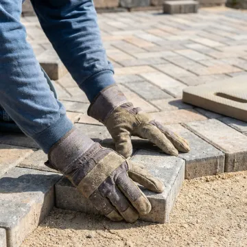 Skilled hardscape contractor installing premium interlocking pavers
