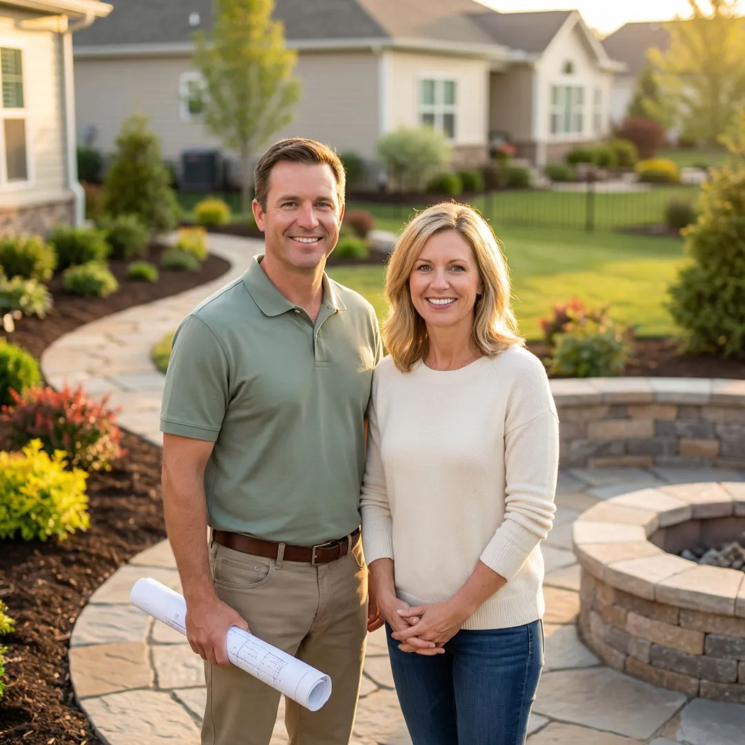 Landscape designer reviewing outdoor design plans with client on site