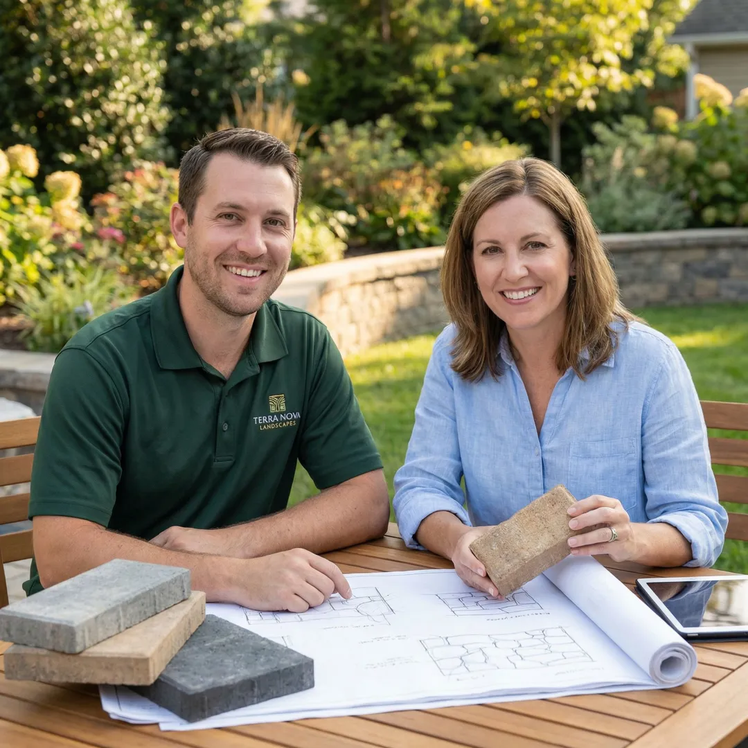 Hardscape design consultation showing landscape plans and material samples for Marietta project
