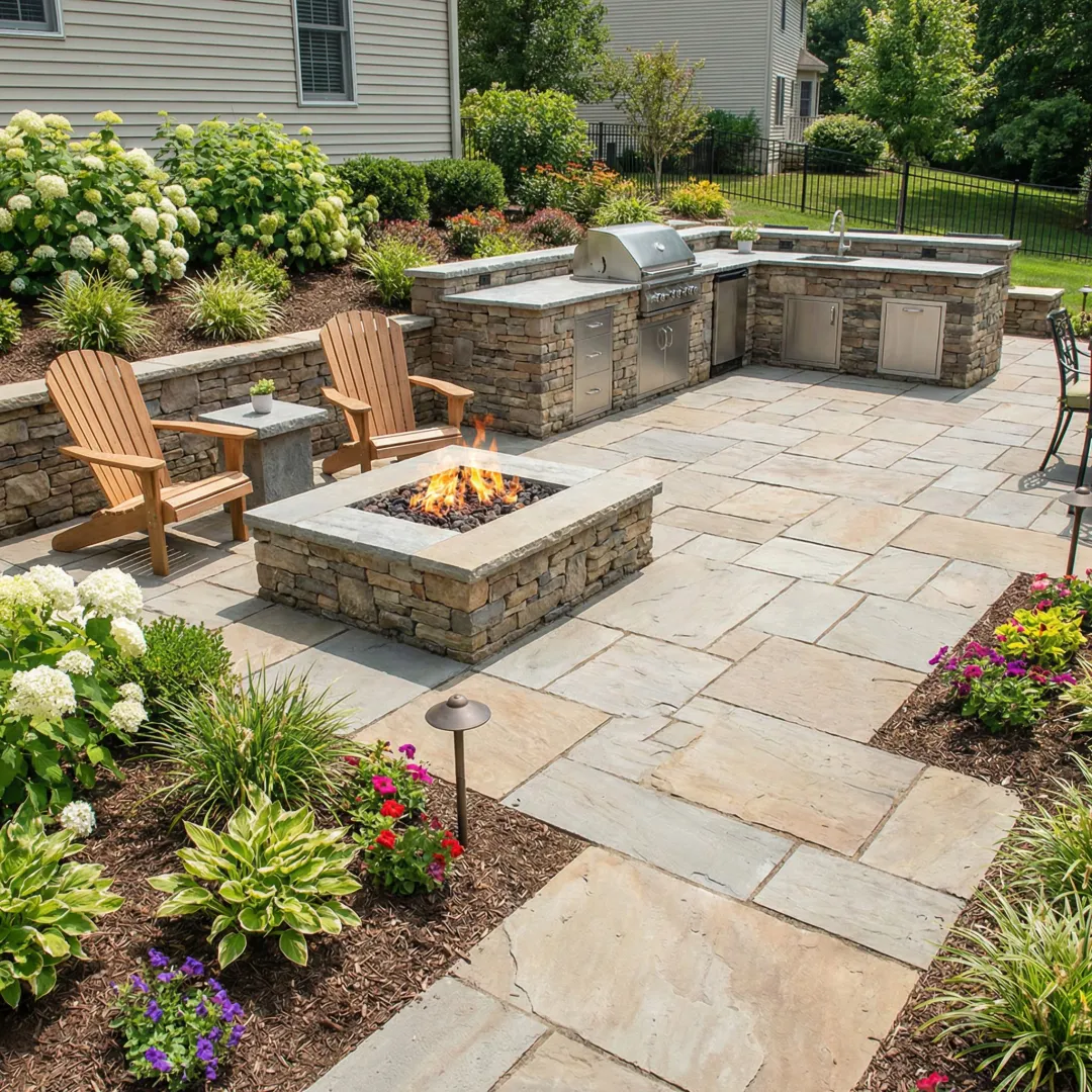 Custom stonework patio with outdoor kitchen in Marietta, GA