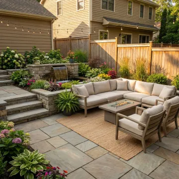 Beautifully designed landscape with custom hardscape features and outdoor living area