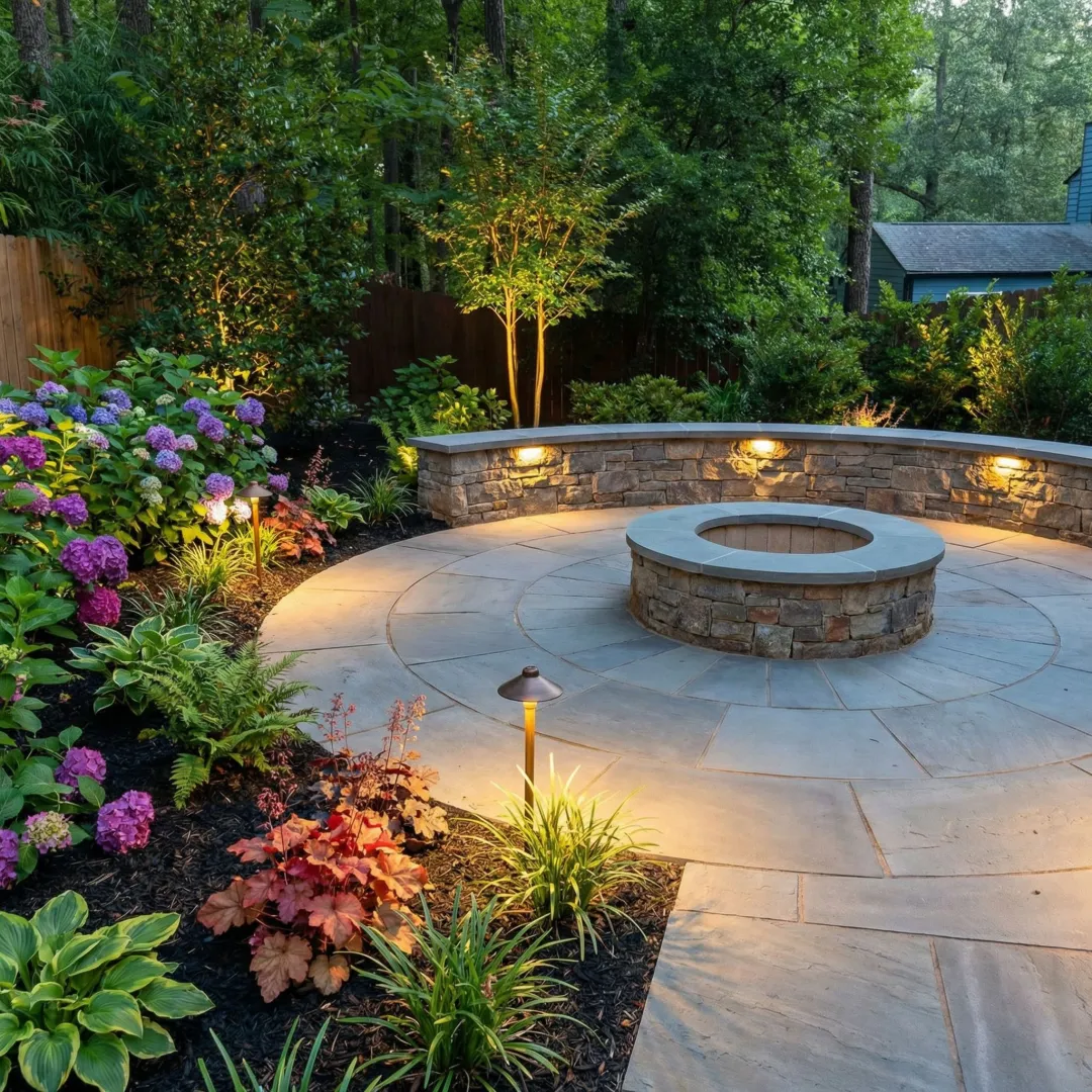 Beautiful residential landscape with custom hardscaping and masonry features