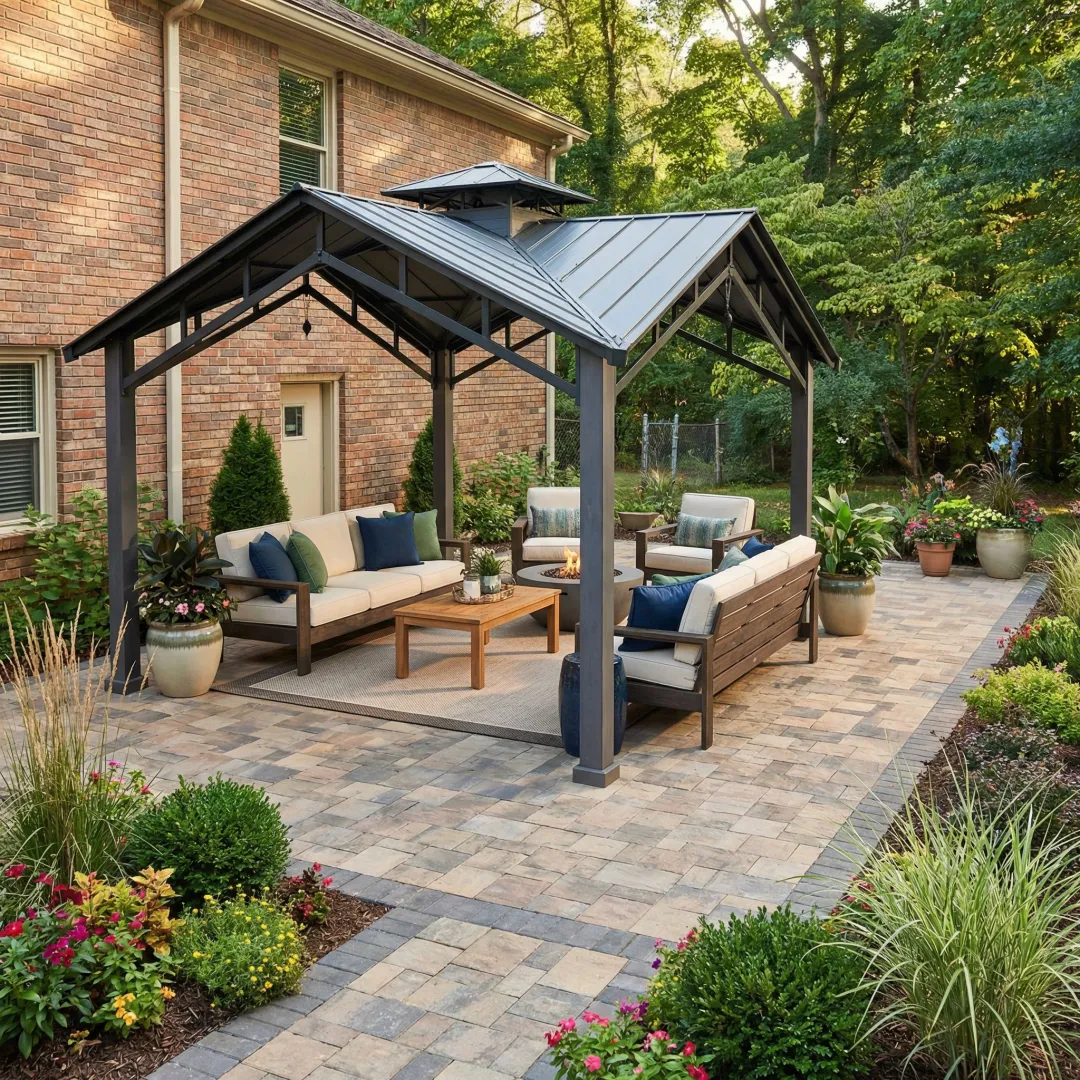 Beautiful stone patio installation with premium pavers and outdoor furniture