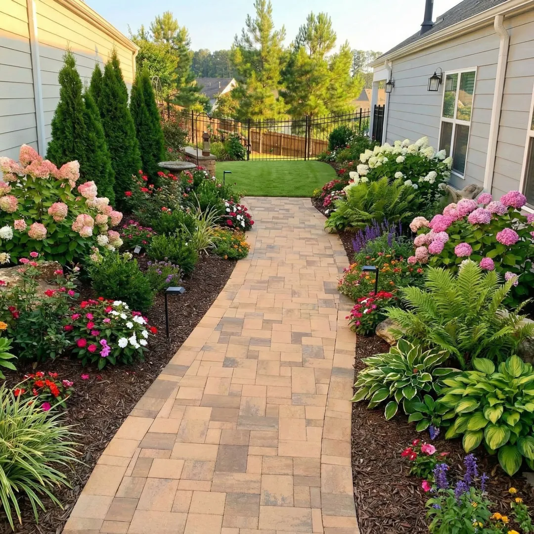 Beautiful renovated garden with lush landscaping and hardscape features in Marietta, GA