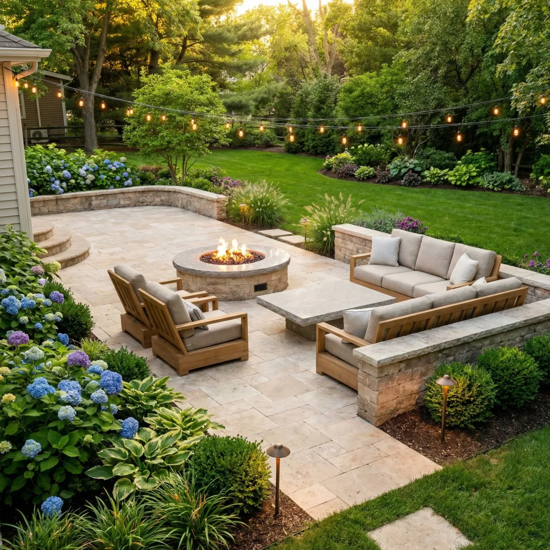 Custom designed landscape with paver patio, fire pit, and professional plantings