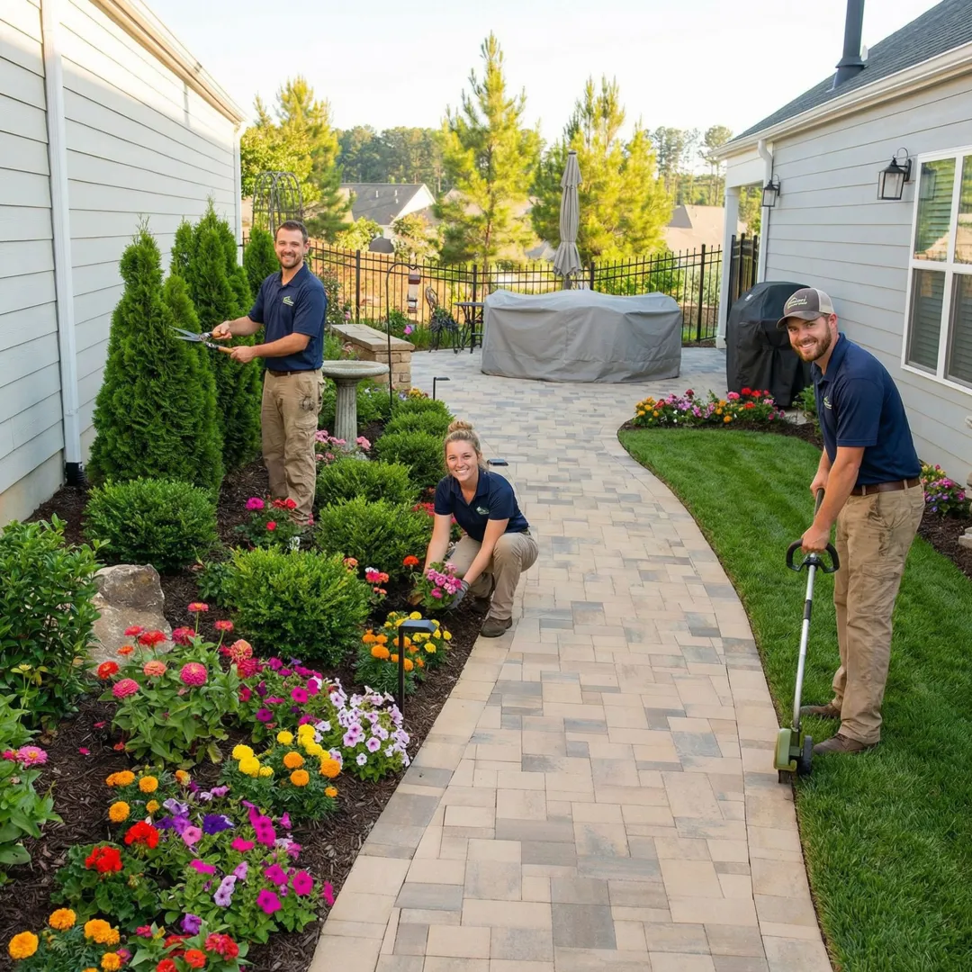 Professional landscape maintenance team working on beautifully maintained residential property