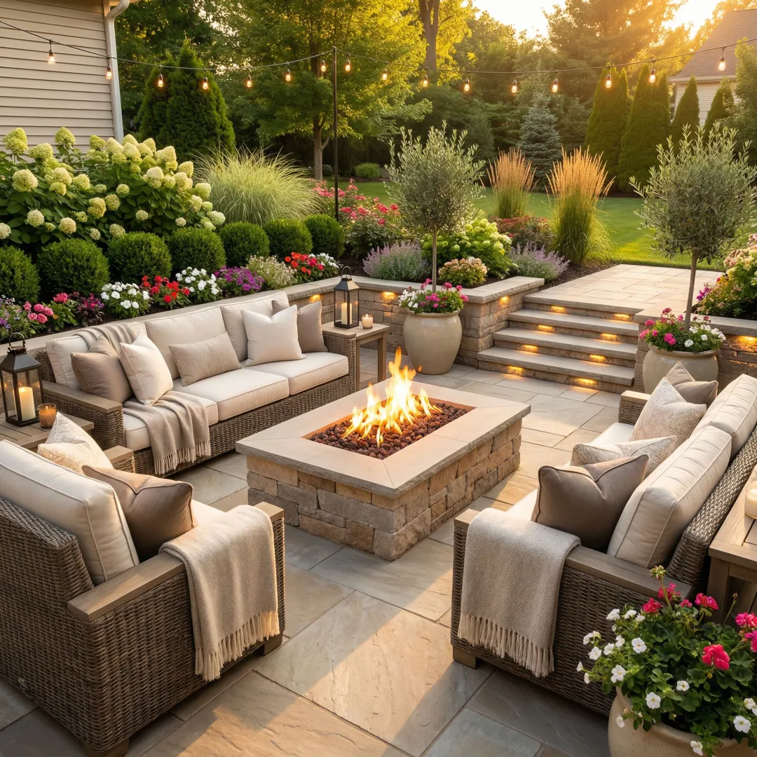 Beautiful outdoor living space with patio, seating area, and landscaping in Marietta GA