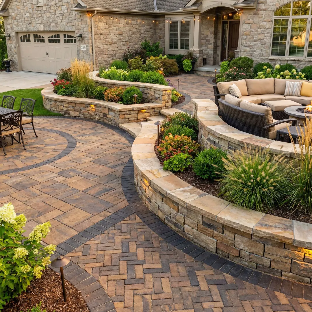 Custom stone patio and retaining wall installation in West Cobb residential backyard