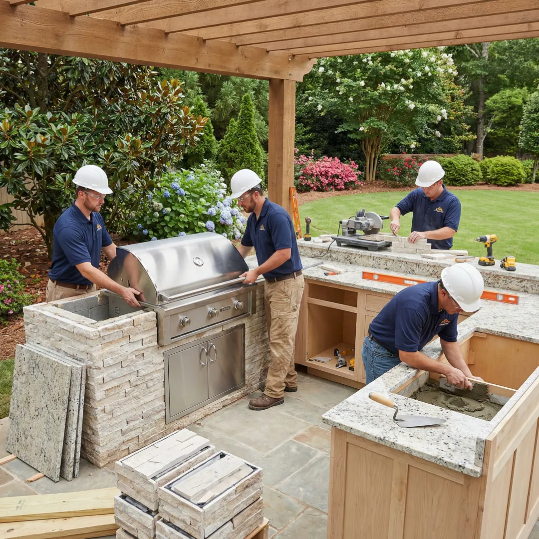 Outdoor kitchen construction process showing installation of countertops and appliances