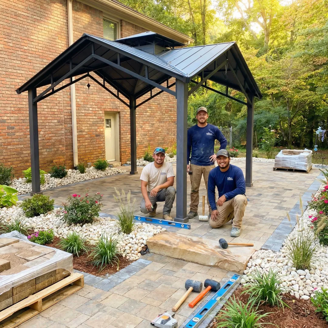Professional hardscaping contractor installing decorative paver patio with stone borders