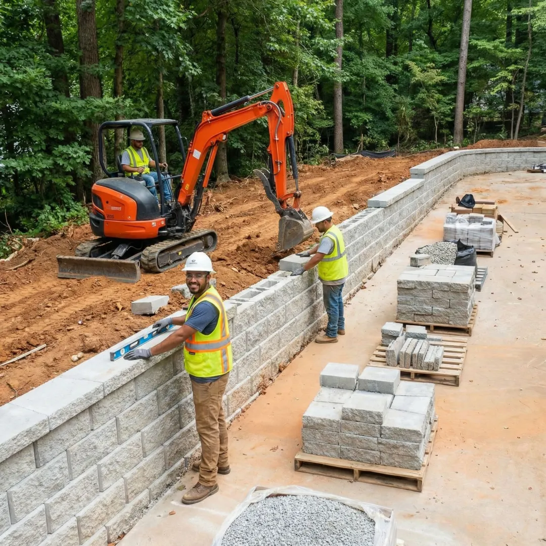 Landscaping crew installing multi-tiered garden wall with construction equipment