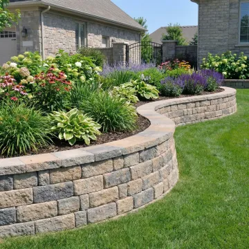 Professional garden wall installation showcasing curved stone retaining wall with landscaping
