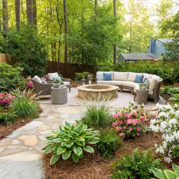 Beautifully designed residential landscape in Georgia featuring custom hardscape and lush plantings