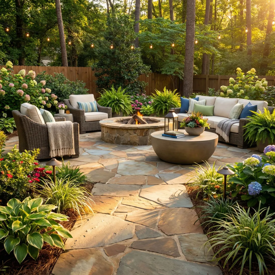Professional landscape design featuring custom patio and outdoor living area