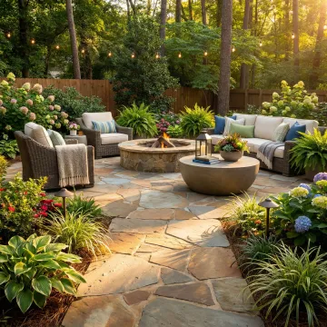 Professional landscape design featuring custom patio and outdoor living area