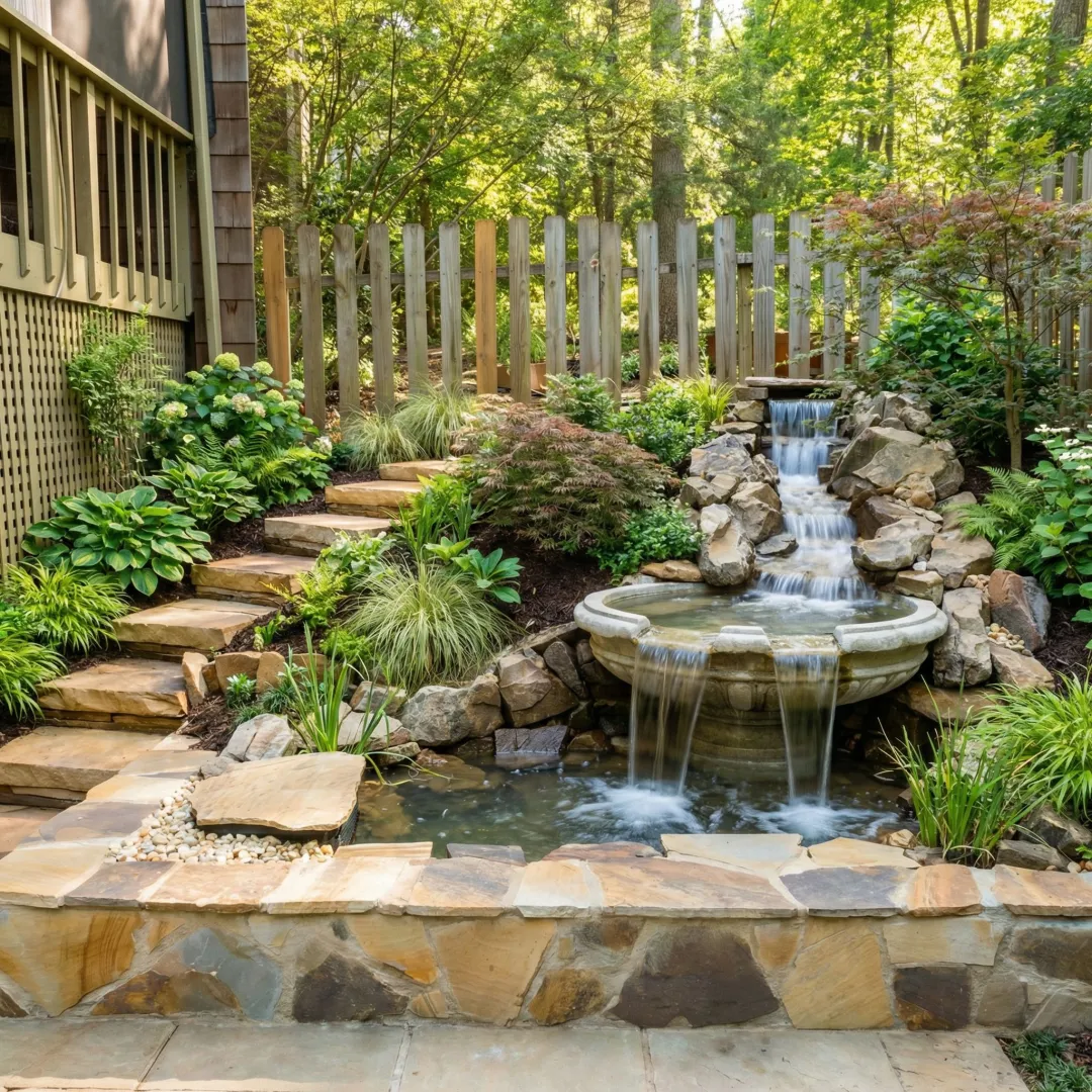Beautiful garden water feature with stone fountain in Georgia landscape