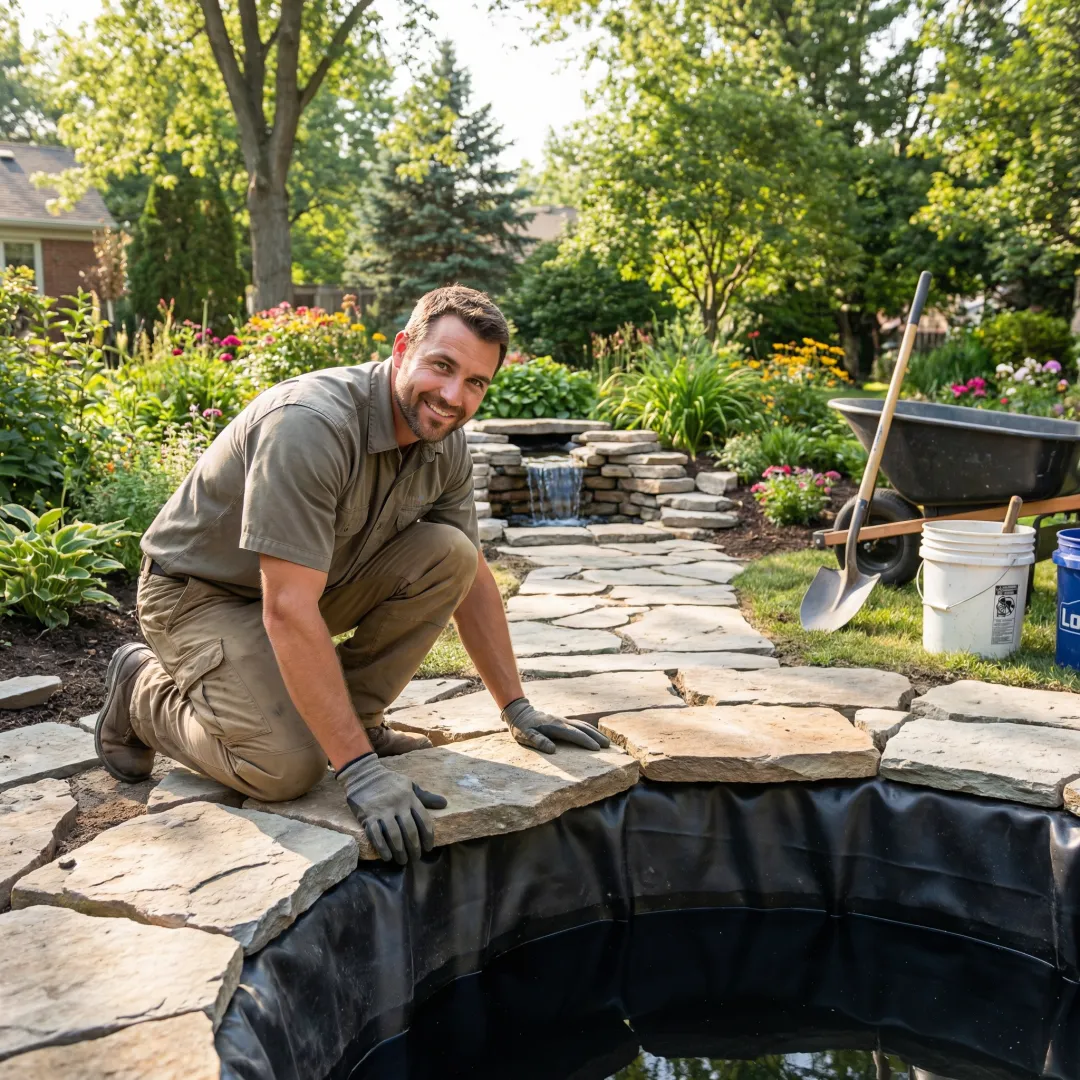 Professional landscaper installing water feature with stone and plants