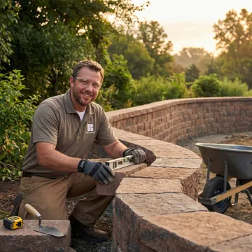 Skilled craftsman installing custom stone retaining wall with precision