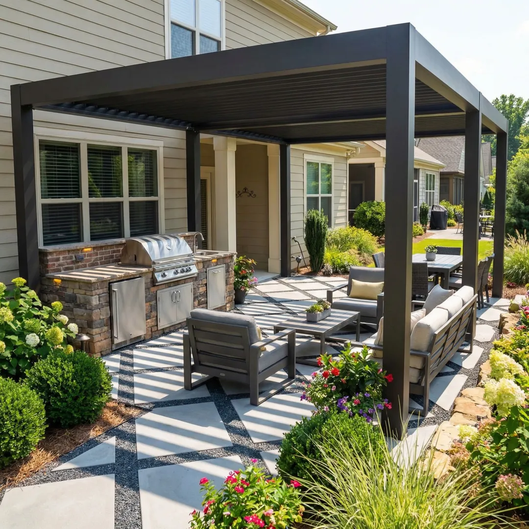 Luxurious outdoor living space with covered patio, outdoor kitchen, and comfortable seating area