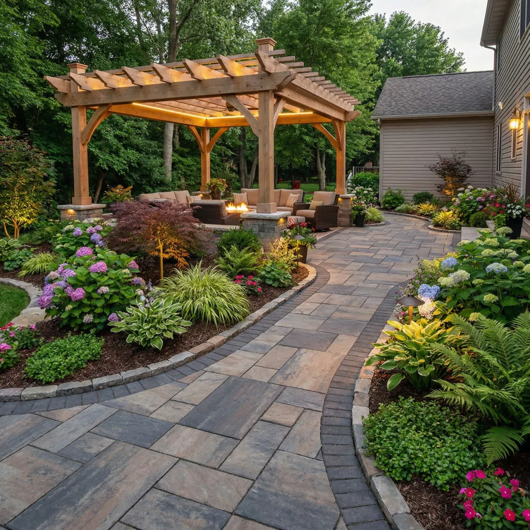 Beautiful landscaped residential property with custom hardscape features