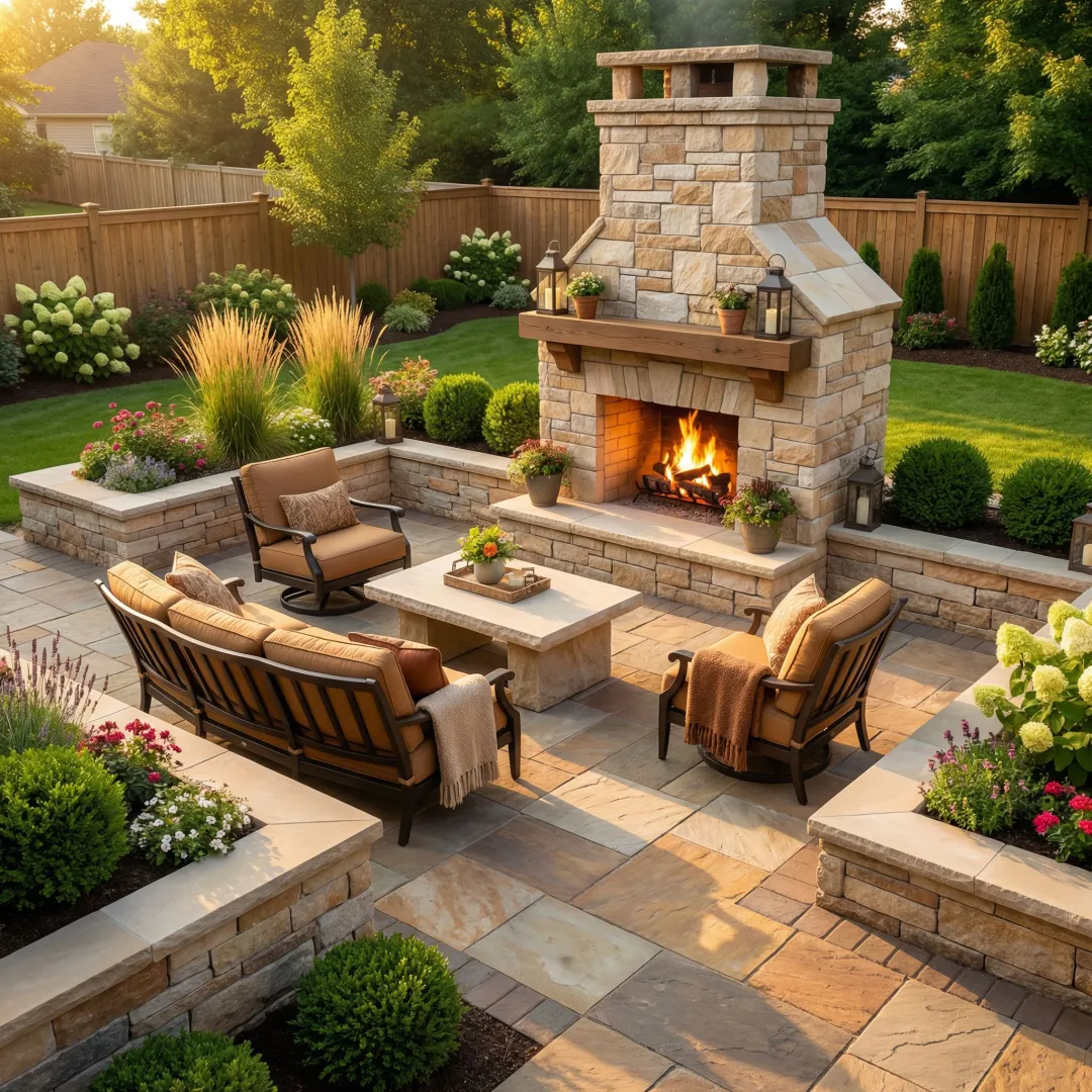 Custom outdoor fireplace with stone veneer in backyard patio setting