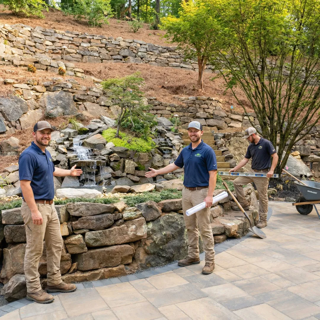 Step-by-step custom stonework installation process showing design consultation and professional craftsmanship
