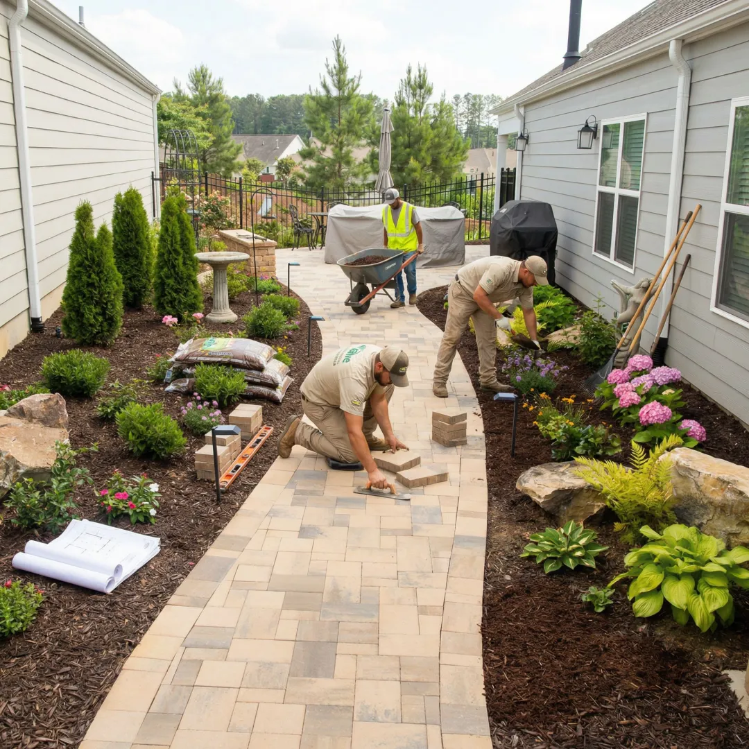 Landscape professionals designing and installing garden renovation project