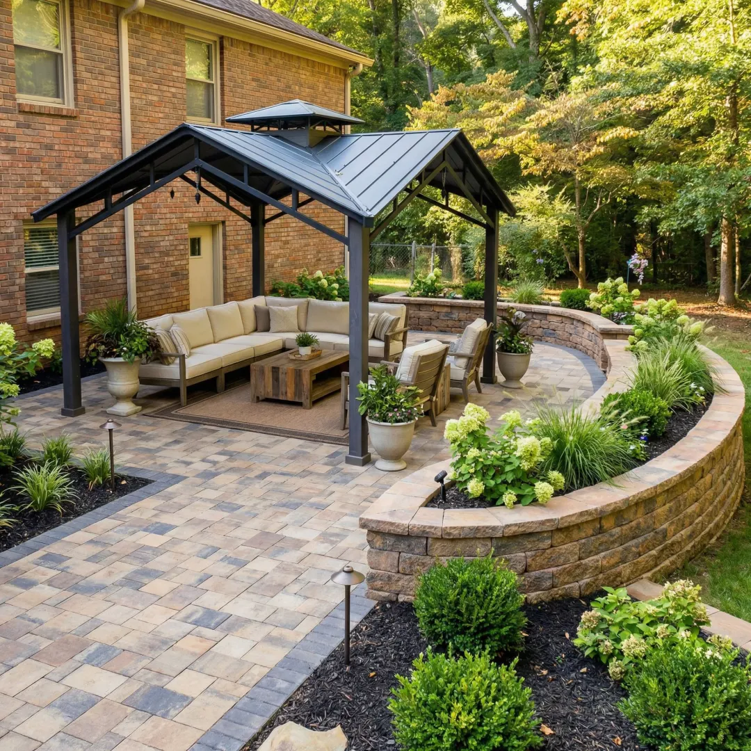 Professional hardscaping installation with paver patio and outdoor living space