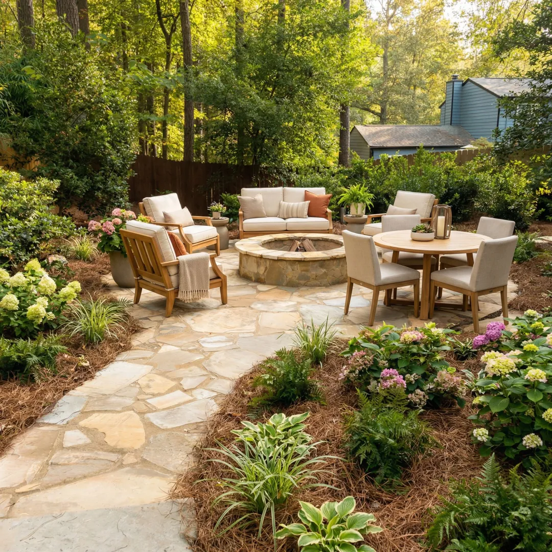 Beautiful custom patio with outdoor seating and landscaping