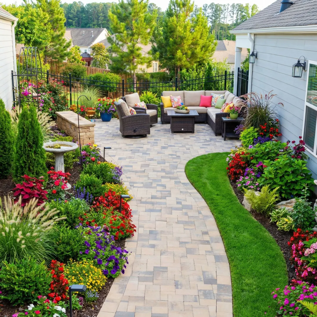 Beautiful residential landscape with custom hardscape patio and lush garden design