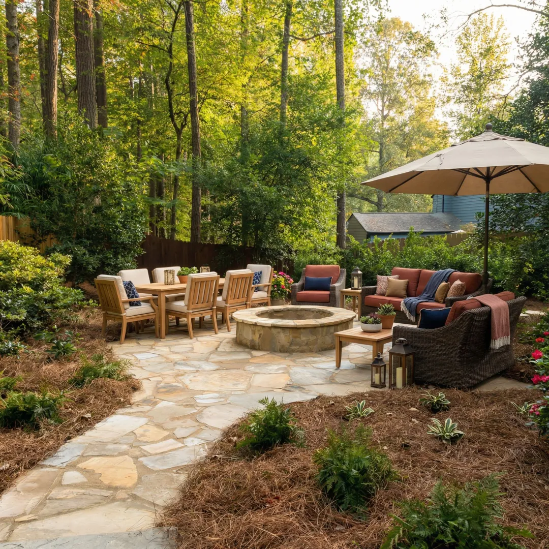 Custom stone patio installation in Whitlock Heights residential backyard