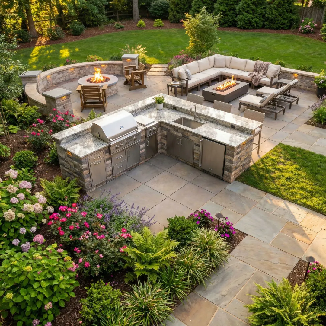 Luxurious Atlanta outdoor living space with patio, outdoor kitchen, and landscaping