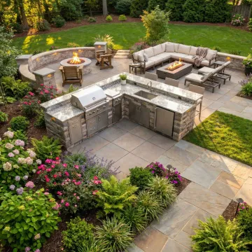 Luxurious Atlanta outdoor living space with patio, outdoor kitchen, and landscaping