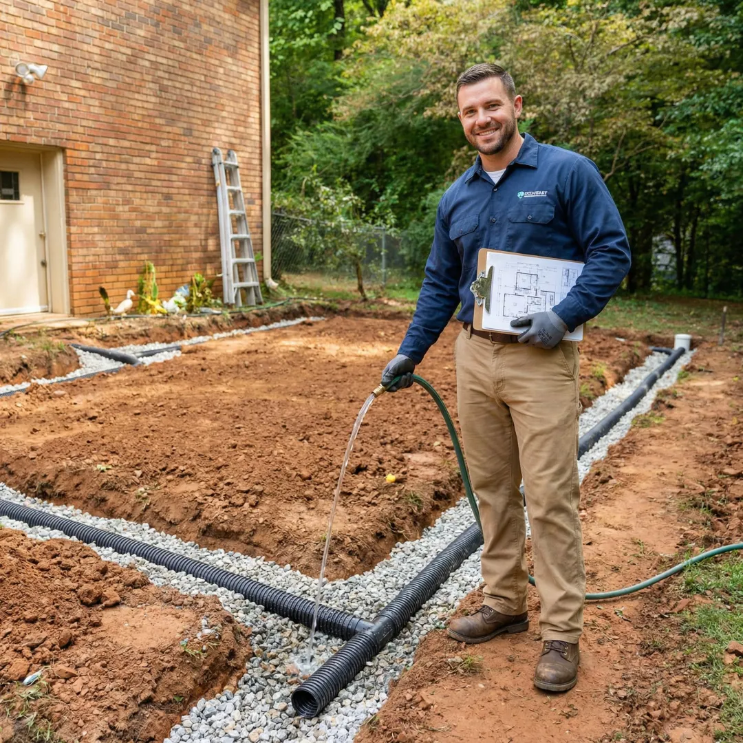 Drainage professional inspecting and testing landscape drainage system