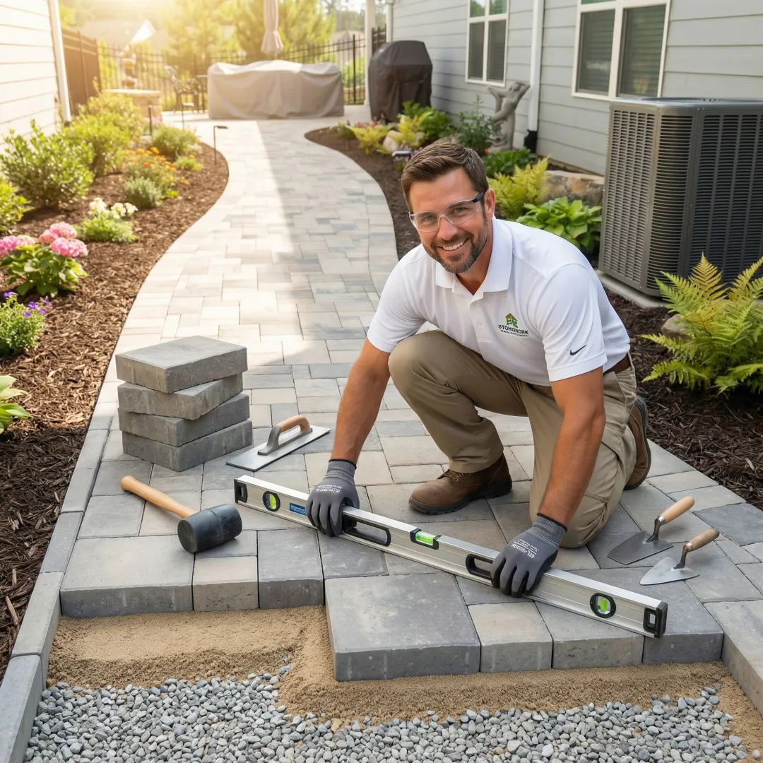 Skilled craftsman installing custom stone retaining wall with precision tools