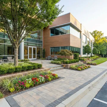 Professional commercial landscape with manicured grounds and hardscape features